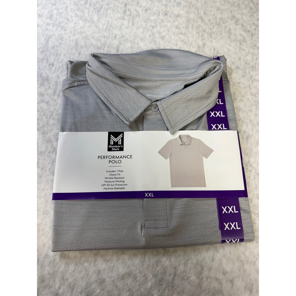 Members Mark Mens Performance Polo Shirt Gray XXL Classic Fit Moisture Wicking